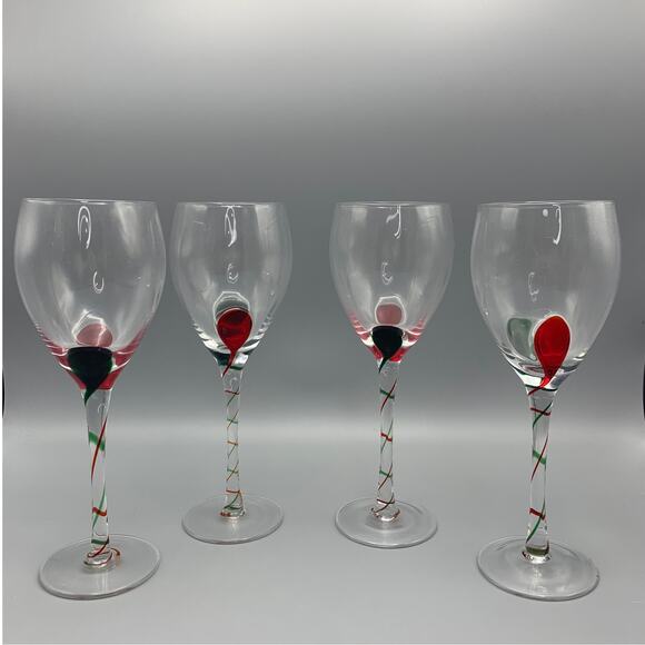 Pier 1 Optic Wine Glasses Red Green Swirl Set 4 Tear Drop Stemmed Christmas - Picture 1 of 9